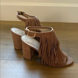 Fringed Tan Suede Block Heel Sandals